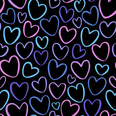 Seamless pattern with colorful hearts on black background. Valentine's day. Vector texture.