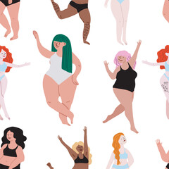 Semless pattern. Cute girls.Body positive movement and variety of beauty. Flat illustration. Transparent background