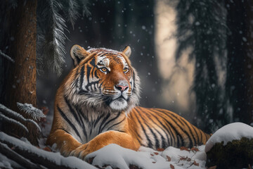 Fototapeta na wymiar The Manchurian tiger lies under a tree in a winter snowy forest. Photorealistic illustration generated by AI. 