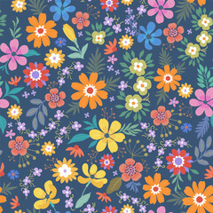 Fototapeta na wymiar A pattern of orange, green, yellow and purple flowers with green leaves on a dark blue background.