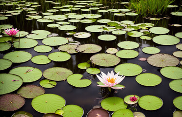 Lily leaves green color and white lily flowers in the water swamp. A beautiful view of the Dutch swamp landscape with copy space. Generative AI.