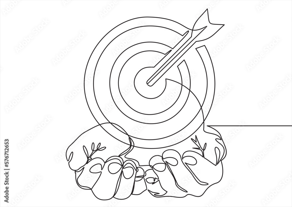 Poster human hands holding target with arrow vector icon meaning goal achievement-continuous simple line dr