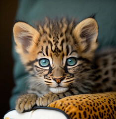 Fototapeta na wymiar Portrait of Asian Leopard Kitten Cub. Bring a touch of the wild into your home with this intimate portrait of a Bengal kitten on a mound of pillows. Perfect for animal lovers and wildlife enthusiast
