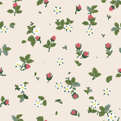 Strawberry seamless pattern. Cute summer berries and flowers on a beige background. Textile design made of strawberry fabric.