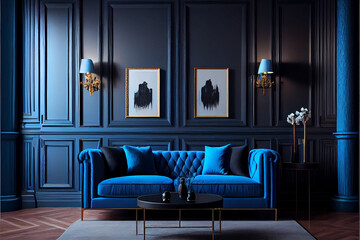 Rich Navy blue living room with lounge zone navy blue sofa and armchair. Navy blue trend colour interior design