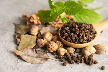black pepper and siam cardamom, Amomum krervanh Pierre, Asia dried spices herb for drug and Thai cooking for good health.