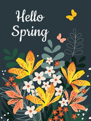 Hello Spring. Bouquet of spring flowers with butterflies on a dark blue vertical background. Festive March postcard.  © Sagittarius_13
