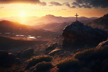 The cross sits at the top of the mountain, and the light shines on Calvary Hill ,made with Generative AI