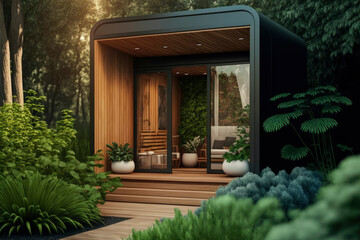 Outdoor sauna cabin in nature with green garden ,made with Generative AI