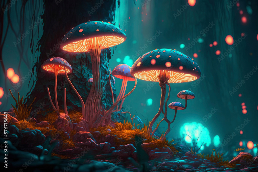 Wall mural Glowing mushroom with fireflies in the magic forest ,made with Generative AI