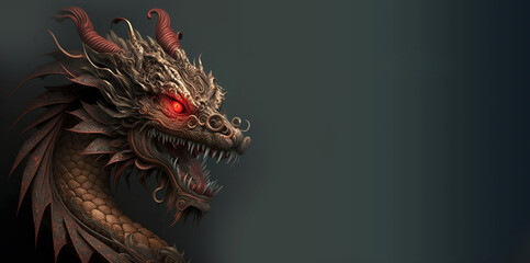 Fire dragon head with copy space, Ancient dragon on dark background ,made with Generative AI
