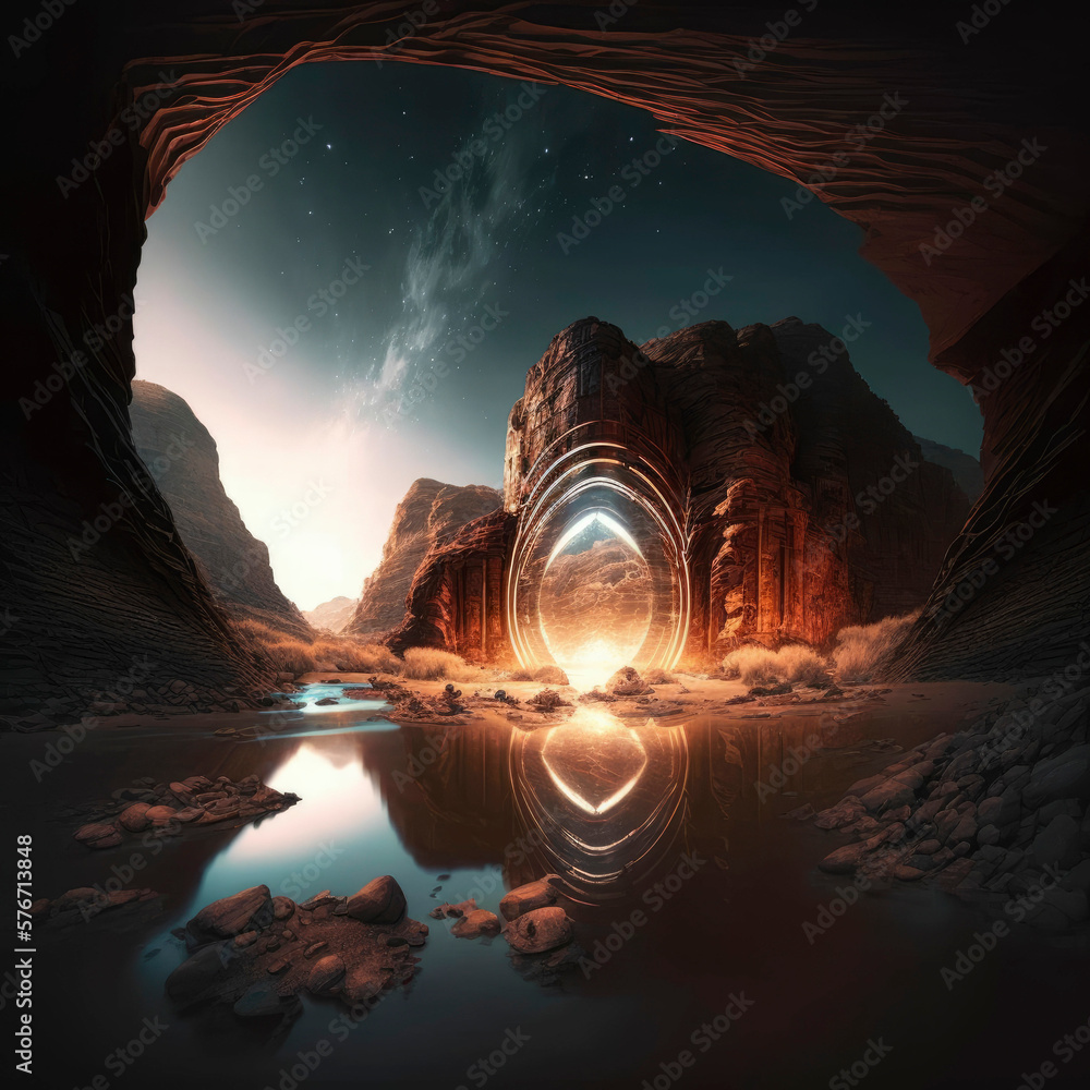 Poster the mysterious gate that opens to other realm, fantasy world ,made with generative ai