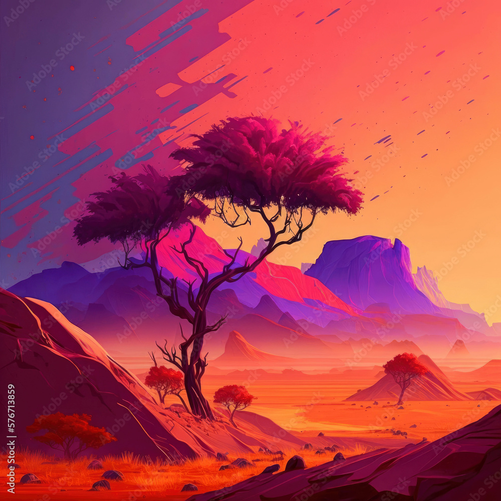 Poster purple glowing alien trees on surface of a planet ,made with generative ai