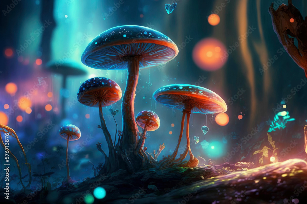 Poster glowing mushroom with fireflies in the magic forest ,made with generative ai