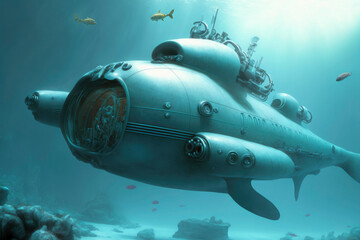 Futuristic fantasy submarine underwater ,made with Generative AI