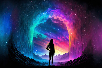 Fototapeta premium Lonely girl in outer space, abstract galaxy background ,made with Generative AI