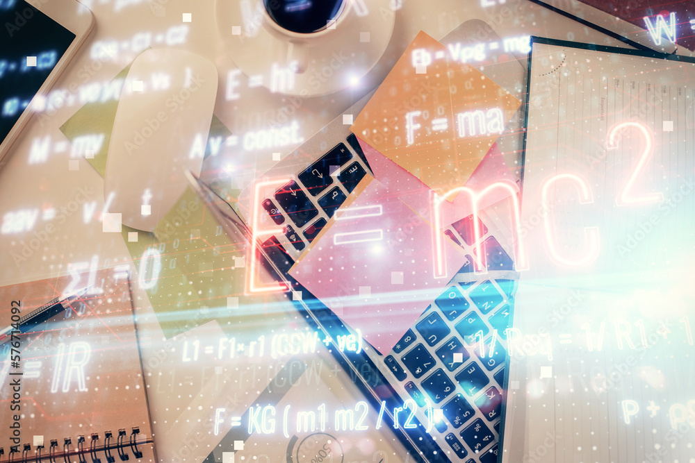 Poster Physics and math theme hologram with formula drawings over computer on the desktop background. Top view. Multi exposure. Concept of education.