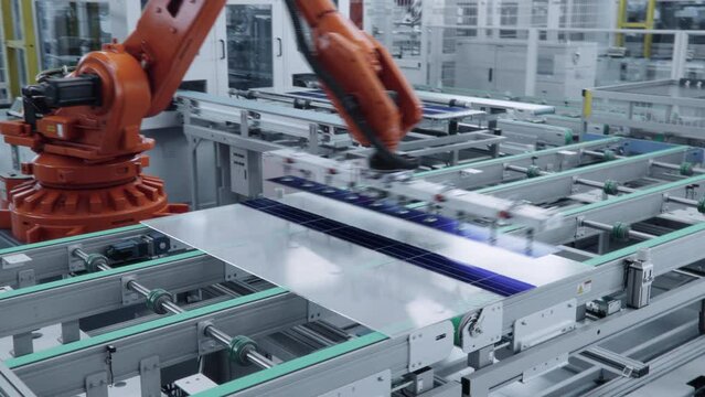 Orange Industrial Robot Arm Assembles Solar Panel, Placing PV Cells. Time-lapse video of Automated Solar Panel Production Line. Modern, Bright Manufacturing Facility.