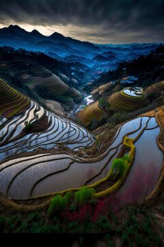 View from Above of a Terraced Rice Field in Bandung, West Java, Indonesia, Asia ,made with Generative AI