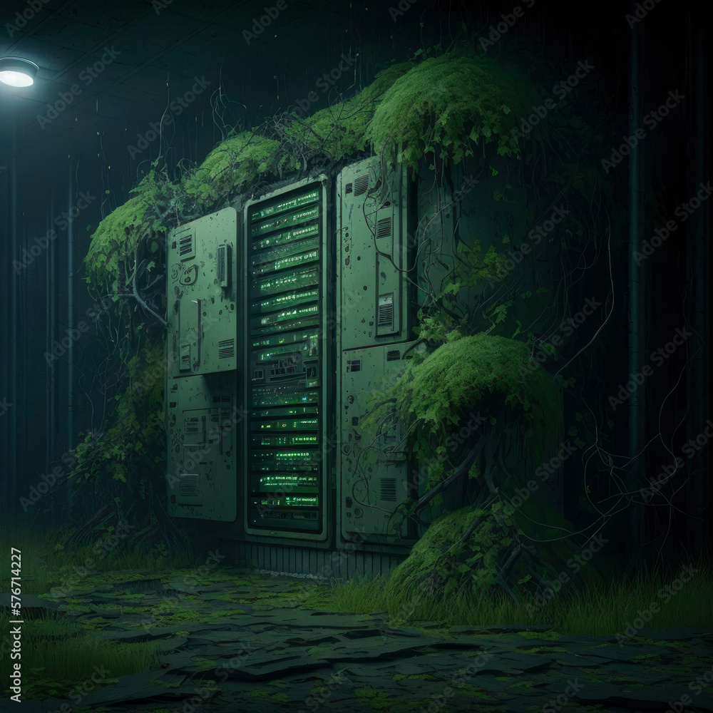 Poster forgotten high tech dark servers, ancient data center room with computers and storage ,made with gen
