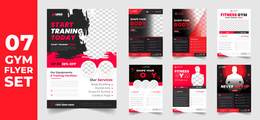 set of 7 Mega collection Fitness gym flyer design template. Fitness gym flyer bundle. Fitness gym flyer set. set of 7 Item Fitness gym flyer with unique shapes and red color.