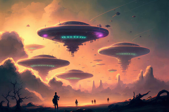 UFO, an alien ship hovering motionless in the air. Unidentified flying object, alien invasion, extraterrestrial life, space travel, made with Generative AI