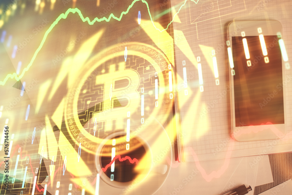 Poster Double exposure of blockchain theme hologram over table with phone. Top view. Crypto technology concept.