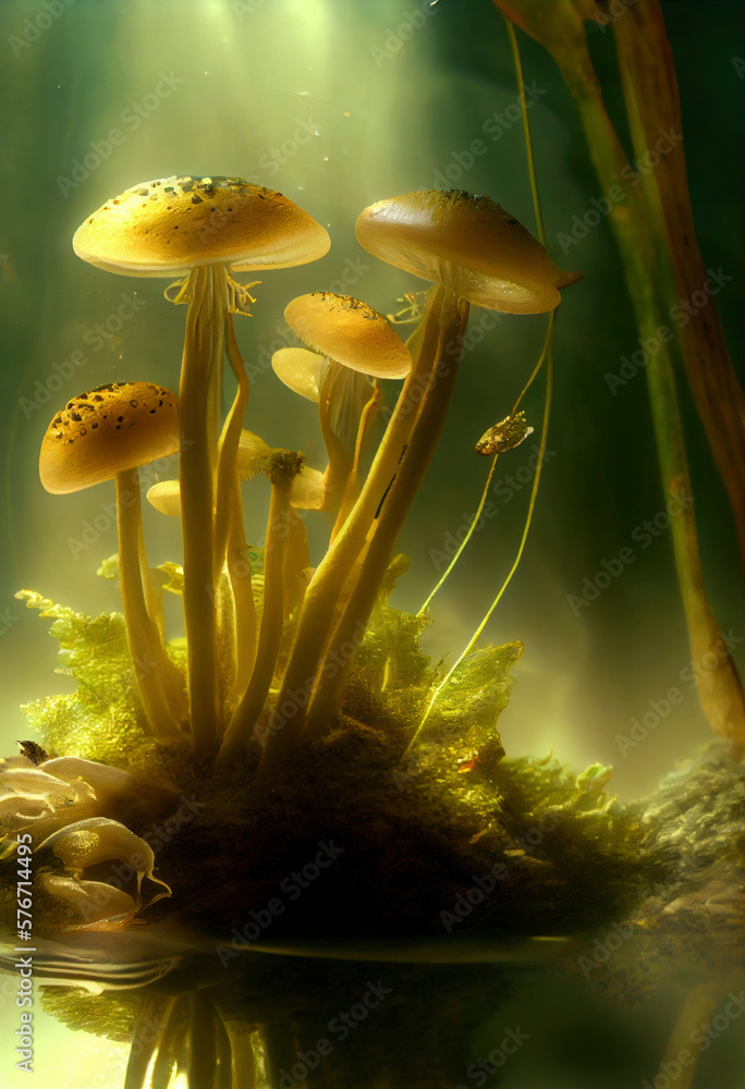 Poster glowing mushroom with fireflies in the magic forest ,made with generative ai