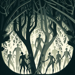Human silhouettes in the forest, paper cut art style ,made with Generative AI