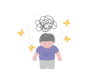 ADHD kid with stress emotion sign and butterflies, flat vector illustration.