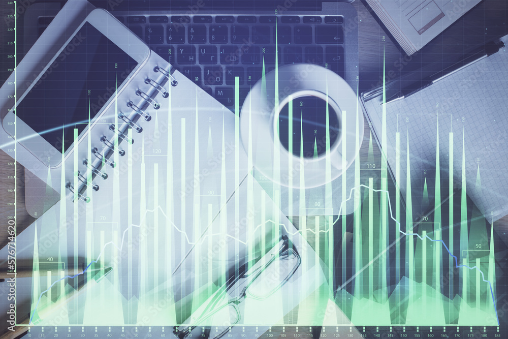 Poster double exposure of financial graph hologram over desktop with phone. top view. mobile trade platform