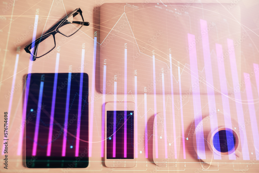 Poster multi exposure of financial chart hologram over desktop with phone. top view. mobile trade platform 