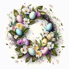 Easter decoration, wreath of flowers and Easter eggs isolated on white, Generative AI