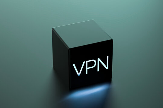 VPN concept, network usage security, cyberspace, VPN neon text box. 3D render