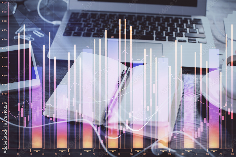 Poster Multi exposure of financial graph drawings and desk with open notebook background. Concept of forex