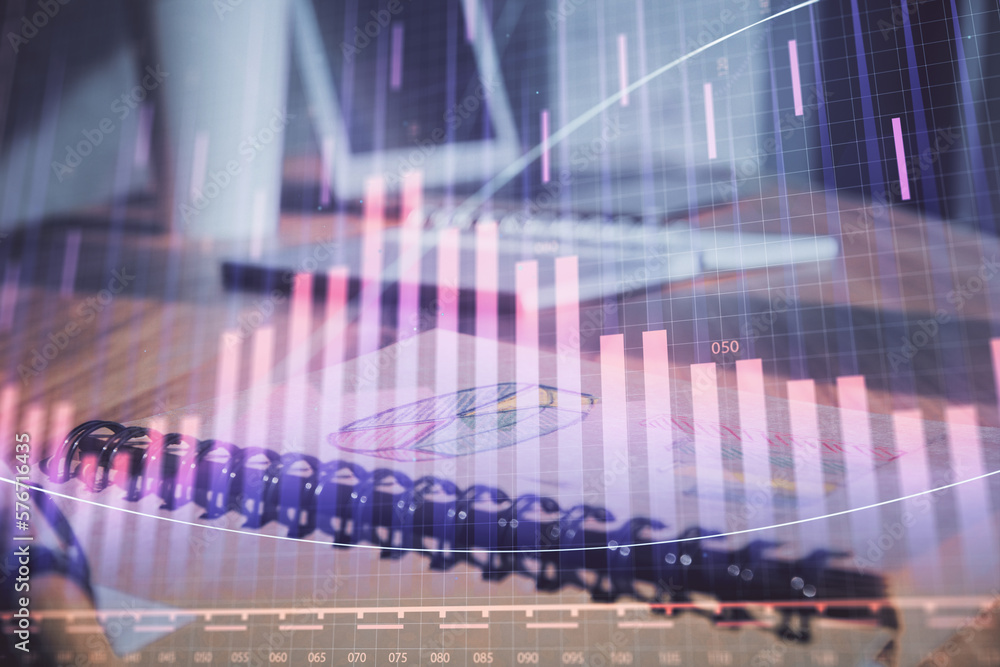 Aufkleber double exposure of financial graph drawings and desk with open notebook background. concept of forex
