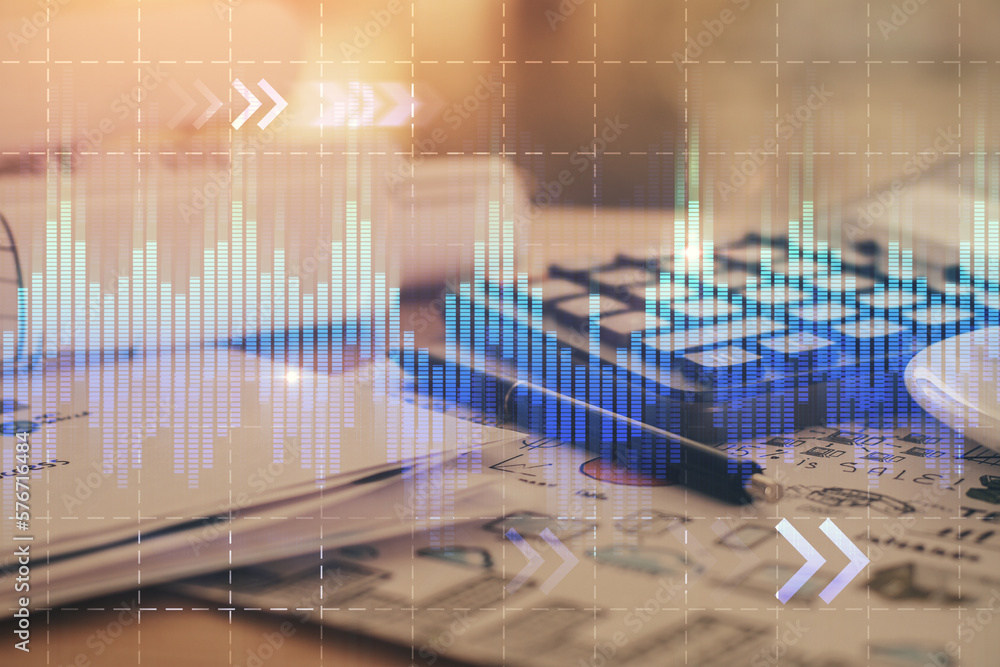 Aufkleber double exposure of financial chart drawings and desk with open notebook background. concept of forex