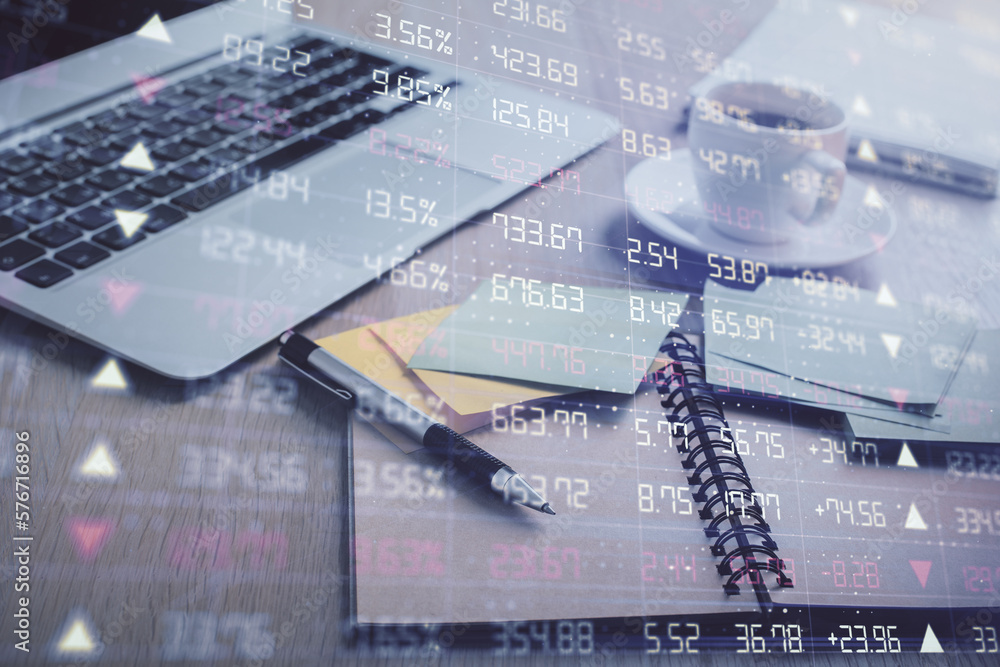 Poster Multi exposure of forex graph drawing and desktop with coffee and items on table background. Concept of financial market trading