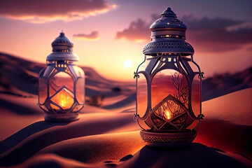Realistic ilustration. Ramadan lanterns in desert background at sunset.  Generative ai