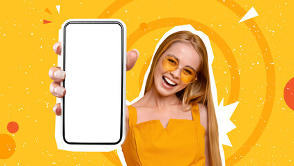 Happy summer blonde woman showing phone with blank screen, mockup