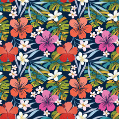 Colorful tropical flowers and leaf seamless pattern. Can be used for fabric textile wallpaper.