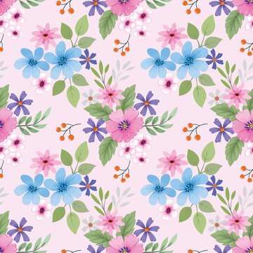 Cute and sweet color flowers seamless pattern. Can be used for fabric textile wallpaper wrap paper. © teerawat