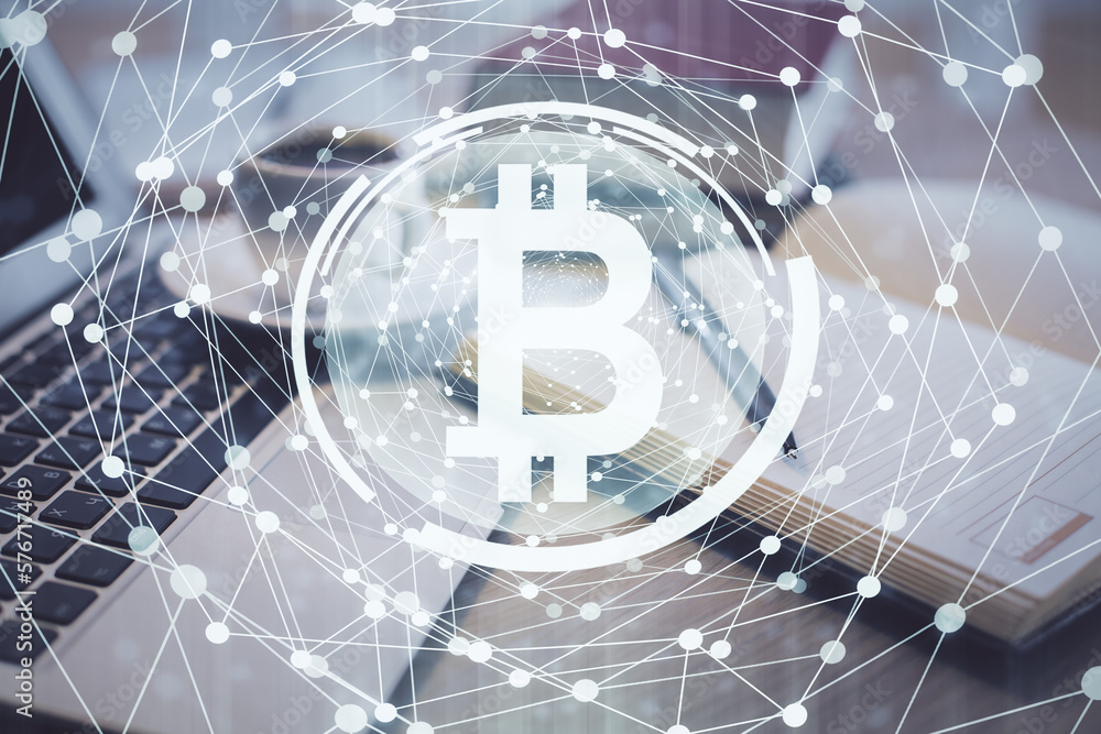 Poster Double exposure of crypto technology drawing and desktop with coffee and items on table background. Concept of blockchain