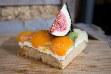 Peach cake made with a recipe with yogurt and fresh fruit.