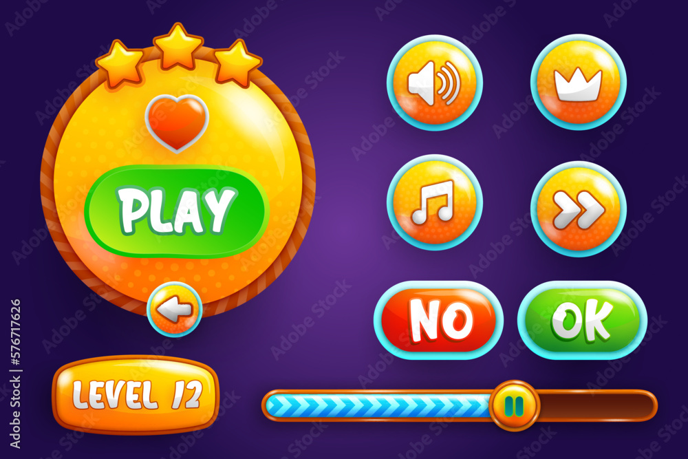 Aufkleber design for complete set of level button game pop-up, icon, window and elements.