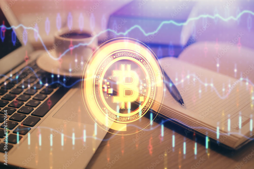 Poster Double exposure of crypto technology drawing and desktop with coffee and items on table background. Concept of blockchain