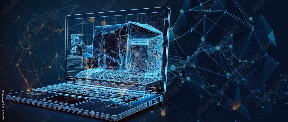 Poster abstract image of laptop in the form of a starry sky or space, generative ai