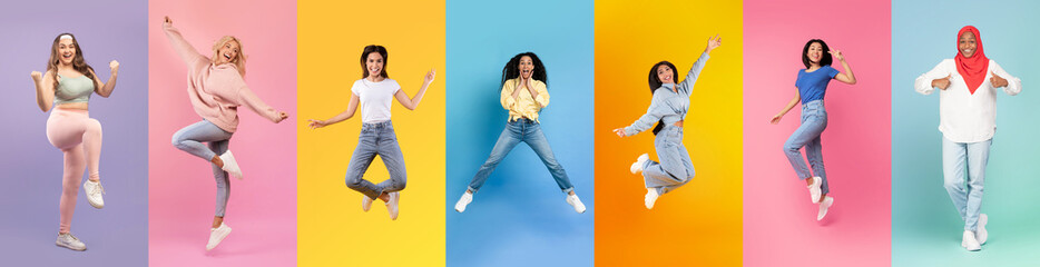 Diverse Young Women Expressing Positive Emotions While Jumping Over Colorful Backgrounds