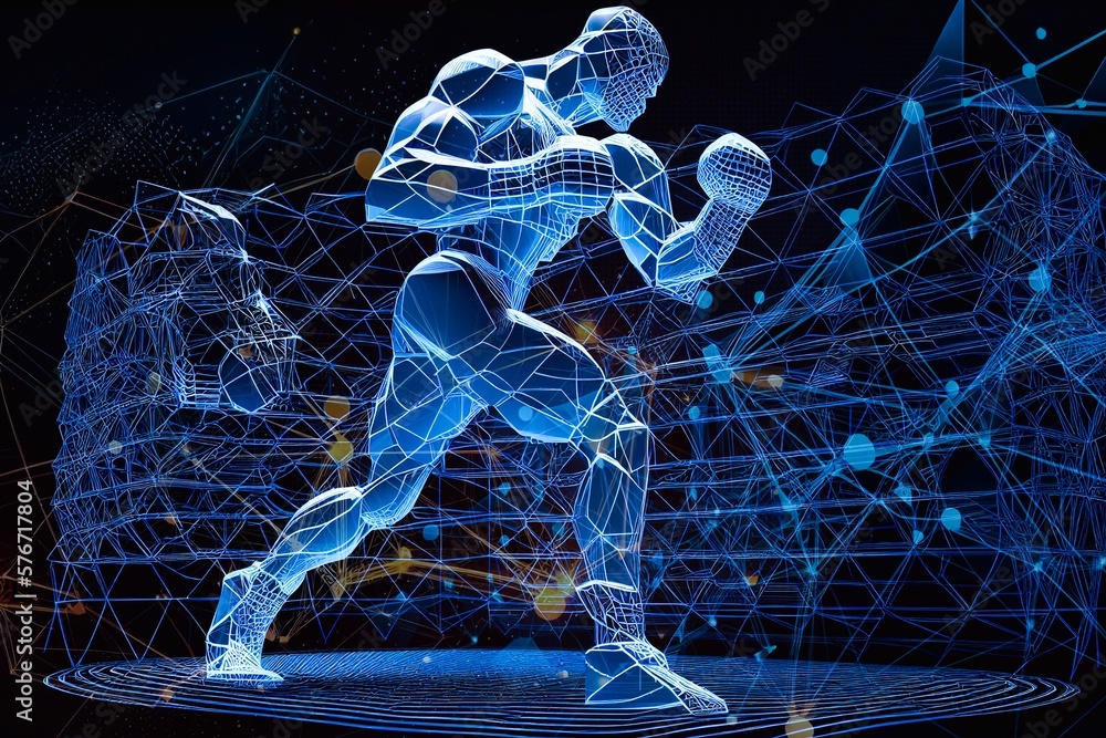 Poster Man boxer doing shadow boxing from lines, triangles and Generative AI