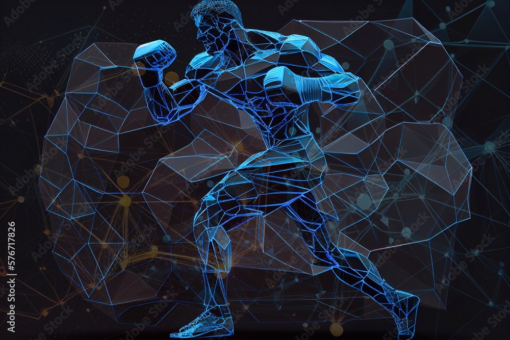 Poster man boxer doing shadow boxing from lines, triangles and